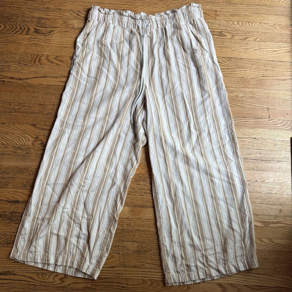 Loft Wide Leg Pants Womens L 100% Lyocell Ivory Tan Striped Coastal Beachy Flowy